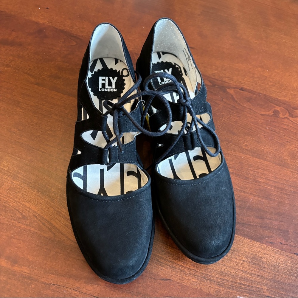 SALE 🔥 Fly London Wedge Suede Leather Black Lace Up Dress Shoes, Poma,Women’s 38 - Picture 16 of 16